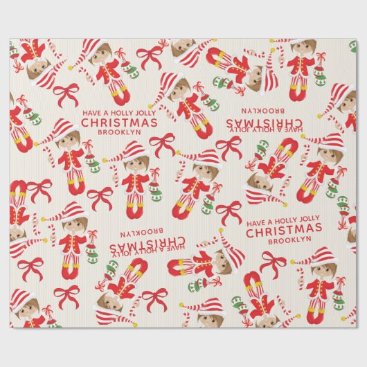 Personaliseer Brunette Girl Elf Cadeaupapier (Vlak)