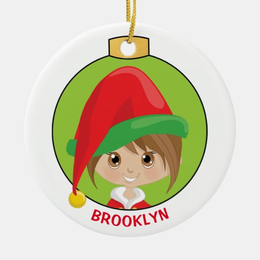 Personaliseer Brunette Girl Elf Keramisch Ornament (Voorkant)