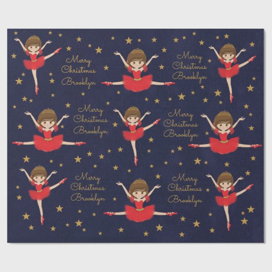 Personaliseer Brunette Kerstballerina Cadeaupapier (Vlak)