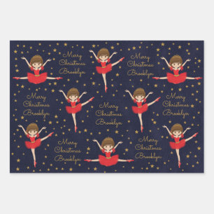 Personaliseer Brunette Kerstballerina Inpakpapier Vel