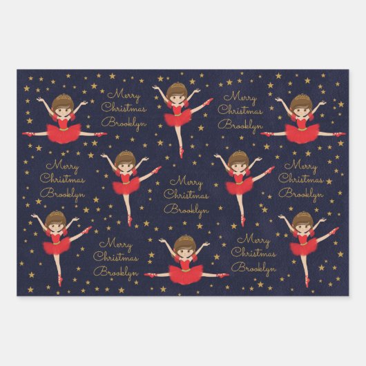 Personaliseer Brunette Kerstballerina Inpakpapier Vel (Voorkant)