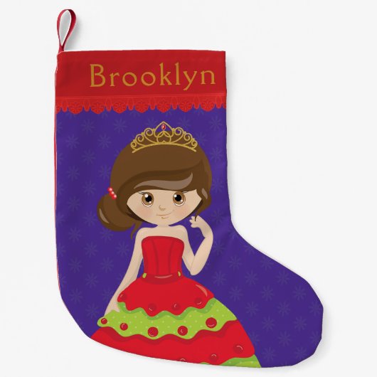 Personaliseer Brunette Kerstprinses Kleine Kerstsok (Voorkant)