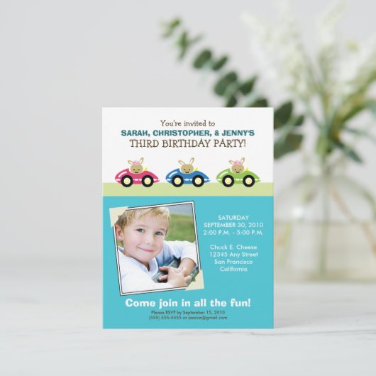 :personaliseer: Car Trio Aqua Birthday Party Invit Kaart (Staand voorkant)