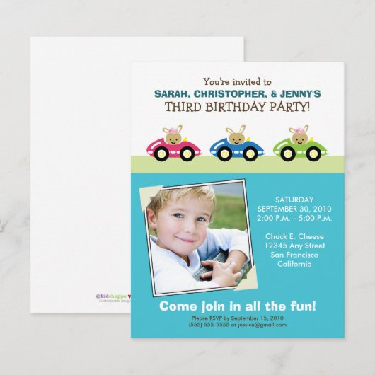 :personaliseer: Car Trio Aqua Birthday Party Invit Kaart (Voorkant / Achterkant)