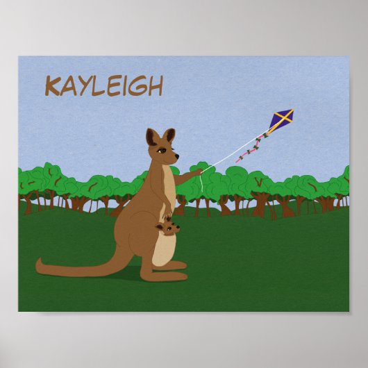 Personaliseer Cartoon Kangaroos Flying a Kite Poster (Voorkant)