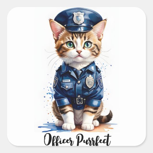 Personaliseer Cat in Politie Uniform Waterverf Kun Vierkante Sticker (Voorkant)