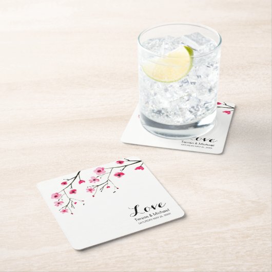 Personaliseer Cherry Blossom Waterverf Bruiloft Kartonnen Onderzetters (Insitu)