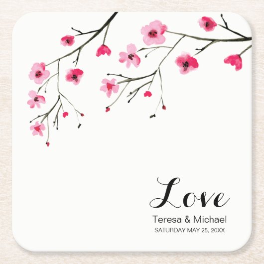 Personaliseer Cherry Blossom Waterverf Bruiloft Kartonnen Onderzetters (Voorkant)