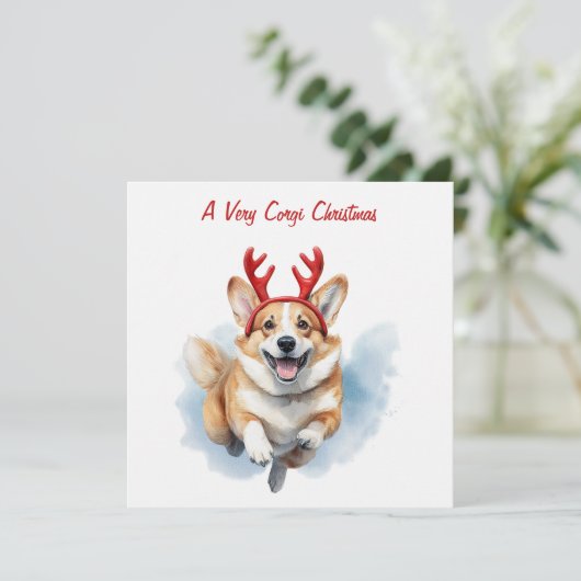 Personaliseer Christmas Corgi met rendiergewei Feestdagenkaart (Staand voorkant)