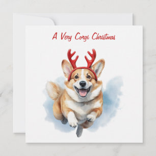 Personaliseer Christmas Corgi met rendiergewei Feestdagenkaart