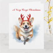 Personaliseer Christmas Corgi met rendiergewei Kaart (Gele Bloem)