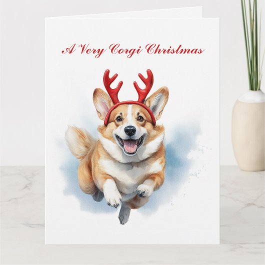 Personaliseer Christmas Corgi met rendiergewei Kaart (Voorkant)