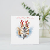 Personaliseer Christmas Corgi met rendiergewei Kaart (Staand voorkant)