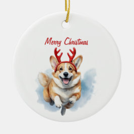 Personaliseer Christmas Corgi met rendiergewei Keramisch Ornament
