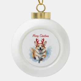 Personaliseer Christmas Corgi met rendiergewei Keramische Bal Ornament