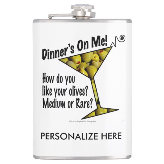 PERSONALISEER COCKTAIL FLES, DINER, OLijf, MARTINI Heupfles (Voorkant)