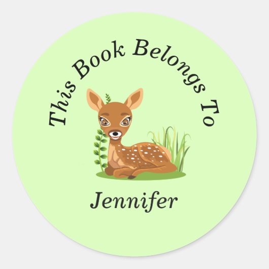 Personaliseer Cute Baby Deer Green Terug naar Scho Ronde Sticker (Voorkant)