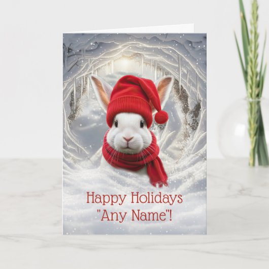 Personaliseer Cute Kerstmis Witte Konijn Kaart (Voorkant)