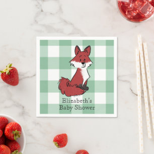 Personaliseer Cute Rode Vos Groen Gingham Baby Sho Servet