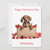 Personaliseer Dachshund Puppy in Box Valentijn Kaa Feestdagenkaart (Voorkant)
