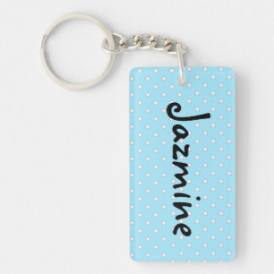 Personaliseer deze blauwe en witte polka stip sleu sleutelhanger