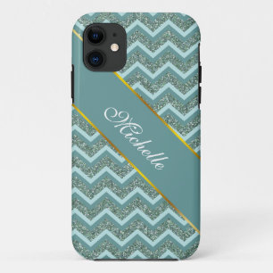 Personaliseer deze Blauwgroen Glitter ZigZag Case-Mate iPhone Case