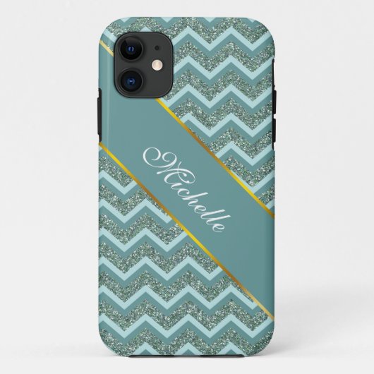 Personaliseer deze Blauwgroen Glitter ZigZag Case-Mate iPhone Case (Achterkant)