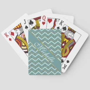 Personaliseer deze Blauwgroen Glitter ZigZag Pokerkaarten