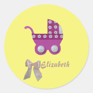 Personaliseer Donkere roze stroller baby douche Ronde Sticker