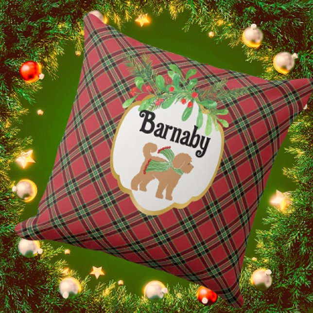 Personaliseer Doodle Dog Red Christmas Plaid Kussen (Personalize it! Available in 3 sizes.)