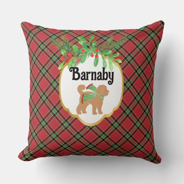 Personaliseer Doodle Dog Red Christmas Plaid Kussen (Voorkant)