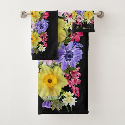 Personaliseer Elegant Black Floral Anemone Hyacint Bad Handdoek (Insitu)