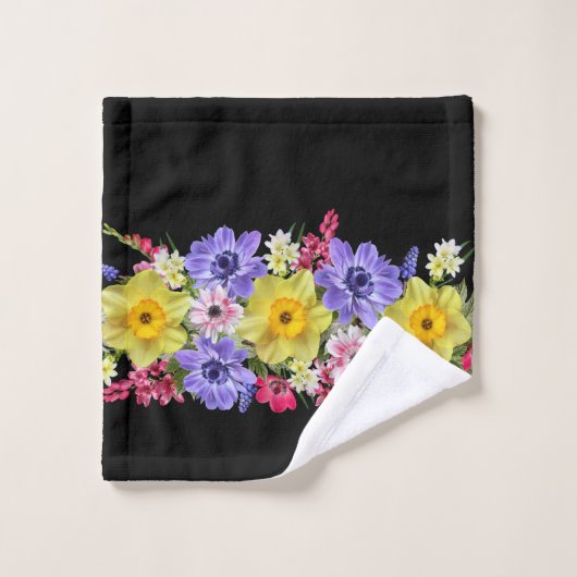 Personaliseer Elegant Black Floral Anemone Hyacint Bad Handdoek (Wasdoekje)