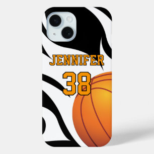 Personaliseer Flaming Basketball B/W iPhone 15 Case