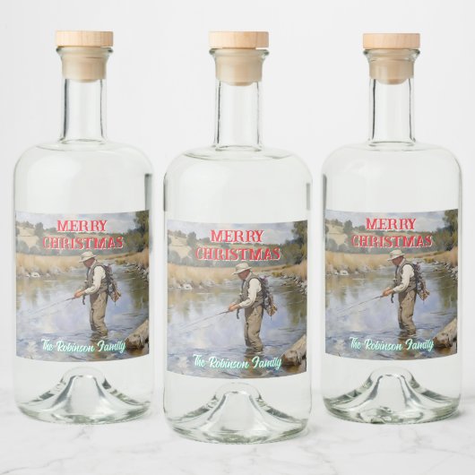 Personaliseer Fly Fishing Vrolijk Kerstfeest Likeurfles Etiket (Flessen)
