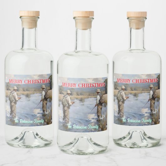 Personaliseer Fly Fishing Vrolijk Kerstfeest Likeurfles Etiket (Flessen)