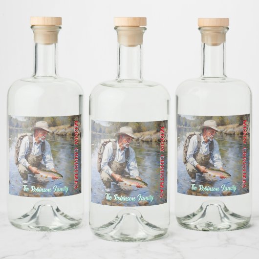 Personaliseer Fly Fishing Vrolijk Kerstfeest Likeurfles Etiket (Flessen)