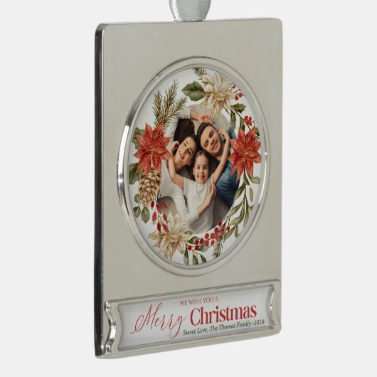 Personaliseer Foto Goud Bloemen Vrolijk Kerstfeest Verzilverd Banner Ornament (Rechts)