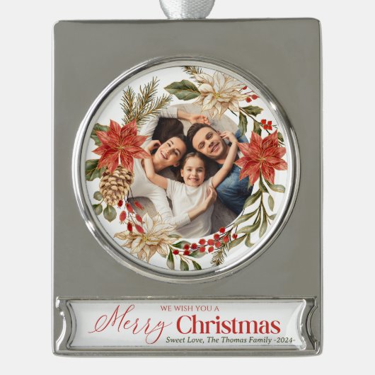 Personaliseer Foto Goud Bloemen Vrolijk Kerstfeest Verzilverd Banner Ornament (Voorkant)