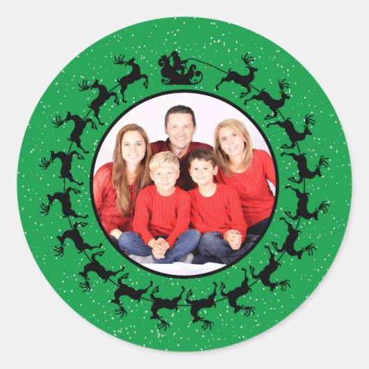 Personaliseer FOTO Kerstman's slee Kerst Groen Ronde Sticker (Voorkant)