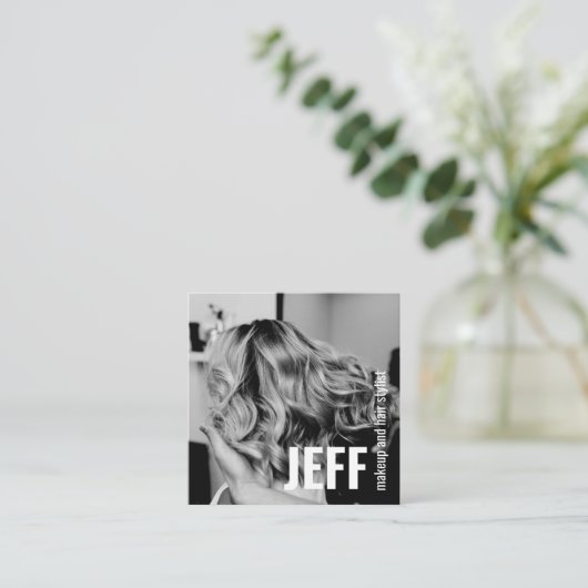 Personaliseer foto minimalistische kapsalon vierkante visitekaartje (Staand voorkant)
