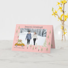 Personaliseer Foto Retro Woodland Roze Kerstmis Kaart