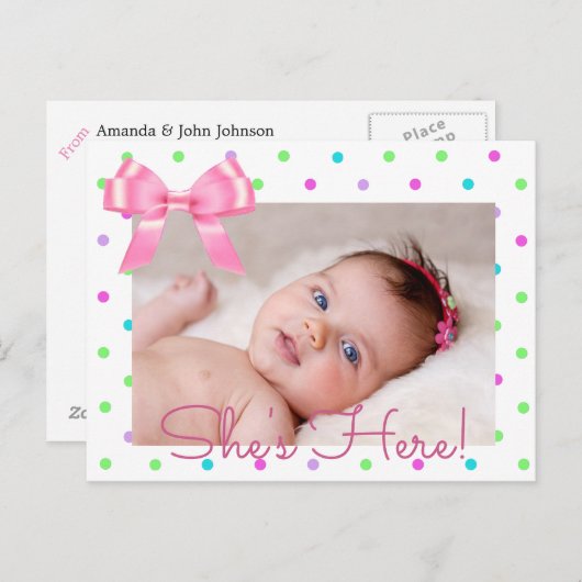 Personaliseer foto "Ze is hier" Geboorteaankondigi Aankondigingskaart (Voorkant / Achterkant)