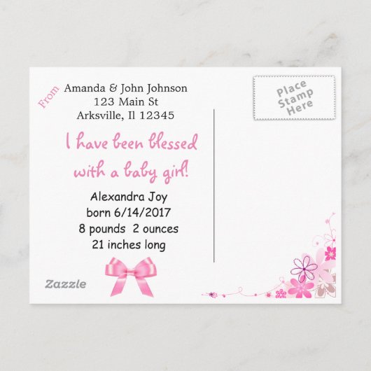 Personaliseer foto "Ze is hier" Geboorteaankondigi Aankondigingskaart (Achterkant)