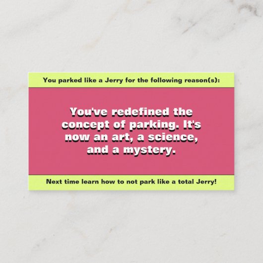 Personaliseer geparkeerd als een jerry, grappige p contactkaartje (Achterkant)