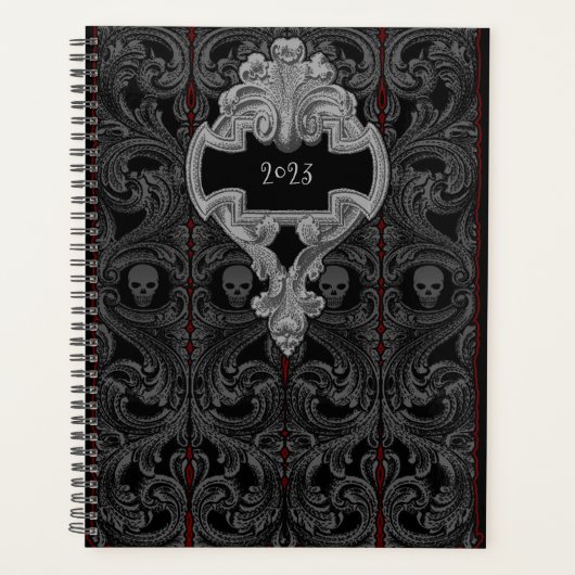 Personaliseer Gothic grijs Ornament & schedel Planner (Voorkant)
