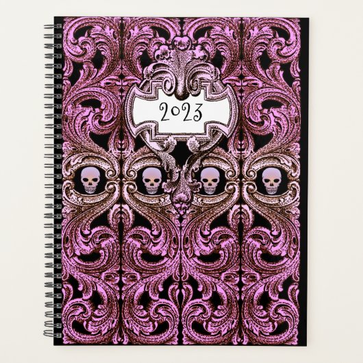 Personaliseer Gothic Paarse Ornament & schedel Planner (Voorkant)