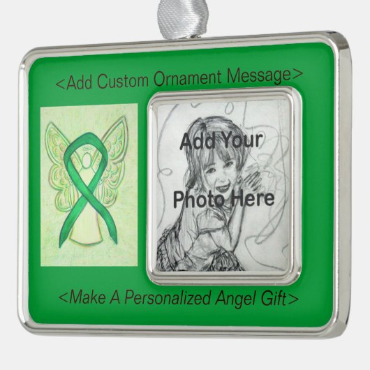Personaliseer Green Awareness Ribbon Angel Ornamen Verzilverd Omlijst Ornament (Links)