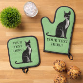 Personaliseer Groene Kat Bewerk Naam Tekst Cadeau Ovenwant & Pannenlap Set (Top down)