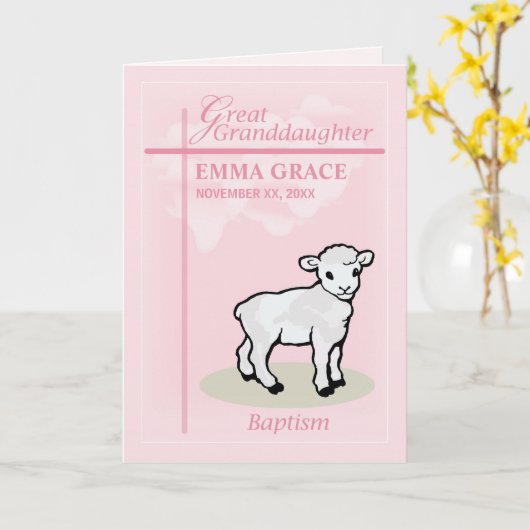 Personaliseer Grote kleindochter, Doop Roze Meisje Kaart (Gele Bloem)